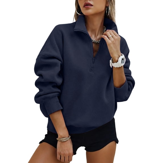 Womens Half Zip Oversized Sweatshirts Fleece Hoodies 2026 Trendy Long Sleeve Pullover Tops Y2k Fall Clothes Navy S