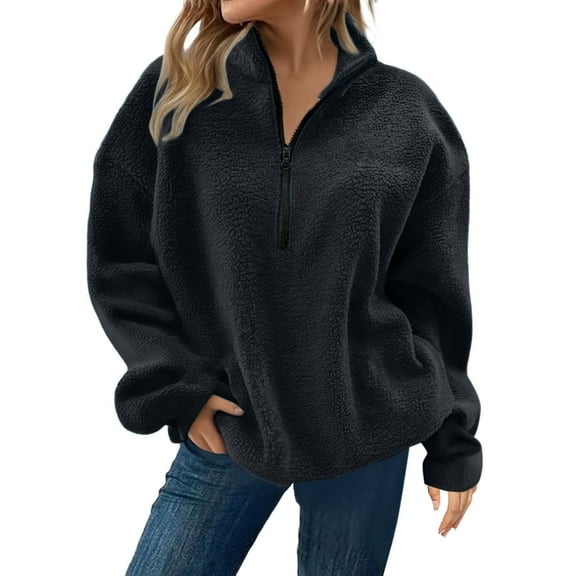 Womens Half Zip Pullover Comdrip Womens Half Zip Fleece Pullover Soft Oversized Sweatshirt with Pockets Warm Fuzzy Sweater Fleece Zip Up Black L