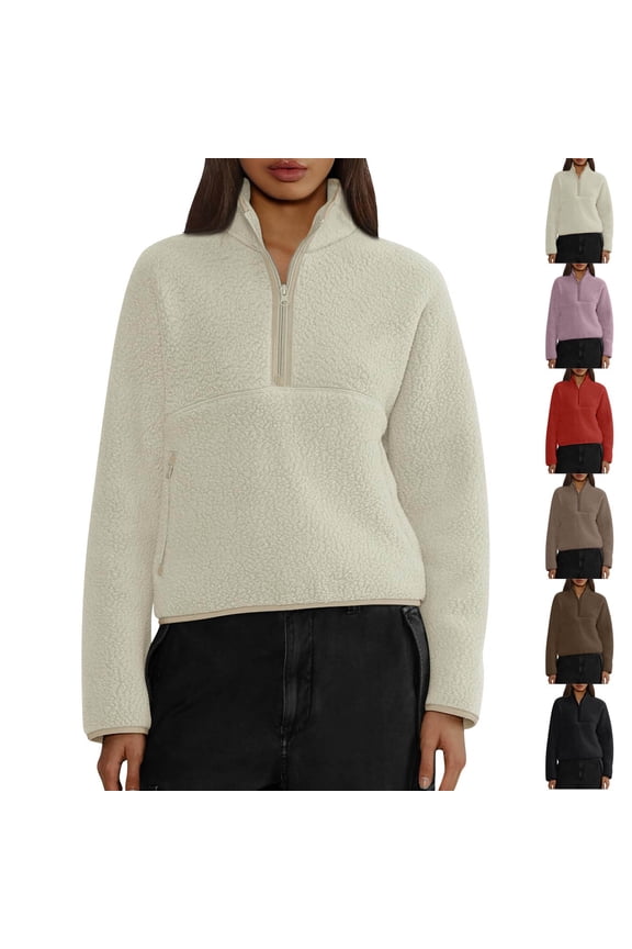 Womens Half Zip Pullover Cropped Sweatshirts Sherpa Fleece Jacket Fuzzy Sweaters Cute Winter Jackets with Pockets Beige L