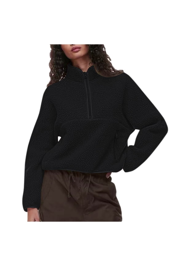 Womens Half Zip Pullover Cropped Sweatshirts Sherpa Fleece Jacket Fuzzy Sweaters Cute Winter Jackets with Pockets