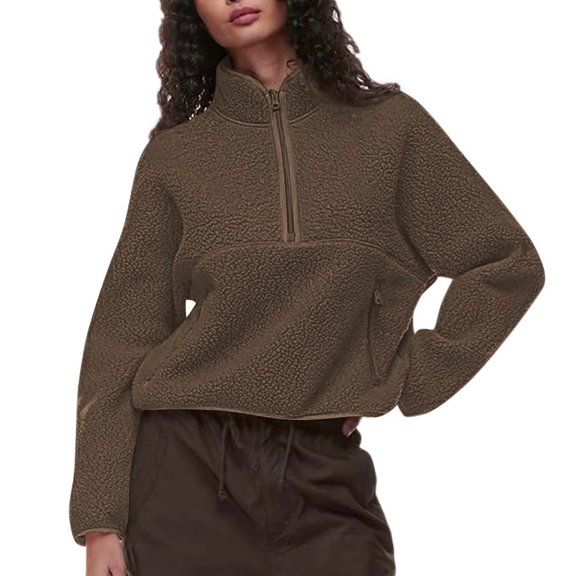 Womens Half Zip Pullover Cropped Sweatshirts Sherpa Fleece Jacket Fuzzy Sweaters Cute Winter Jackets with Pockets