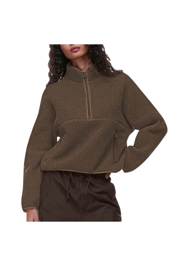 Womens Half Zip Pullover Cropped Sweatshirts Sherpa Fleece Jacket Fuzzy Sweaters Cute Winter Jackets with Pockets