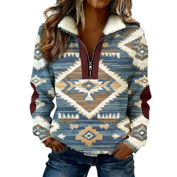Womens Half Zip Pullover Geometric Ethnic Print Cozy Fleece Collar Sweatshirt Long Sleeve Pullover Casual Fall Winter Tops