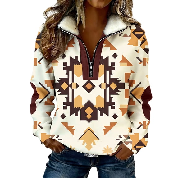 Womens Half Zip Pullover Geometric Ethnic Print Cozy Fleece Collar Sweatshirt Long Sleeve Pullover Casual Fall Winter Tops