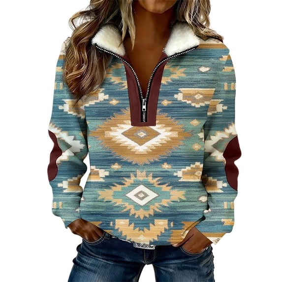 Womens Half Zip Pullover Geometric Ethnic Print Cozy Fleece Collar Sweatshirt Long Sleeve Pullover Casual Fall Winter Tops
