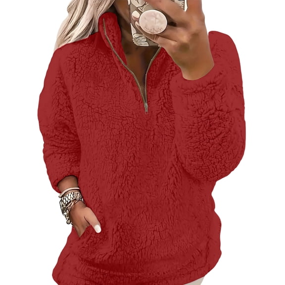 Womens Half Zip Pullover Sherpa Fleece Oversized Sweatshirt Warm Fuzzy Sweater Trendy Long Sleeve Tops Outerwear Deep Red L