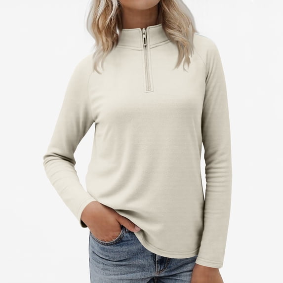 Womens Half Zip Pullover Sweatshirts Fuzzy Fleece Sweaters Fall Winter Warm Pullover Tops White L