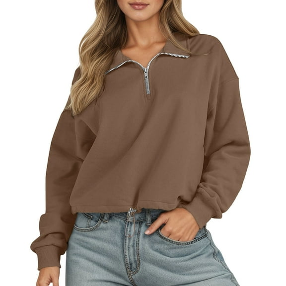 Womens Half Zip Pullover Sweatshirts Lightweight Stand Collar Long Sleeve Cropped Tops Fall Winter Casual Trendy Outfits