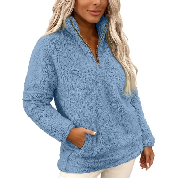 Womens Half Zip Sherpa Fleece Pullover Oversized Sweatshirt Warm Fuzzy Sweater Trendy Long Sleeve Hoodies Outerwear,L Sky Blue