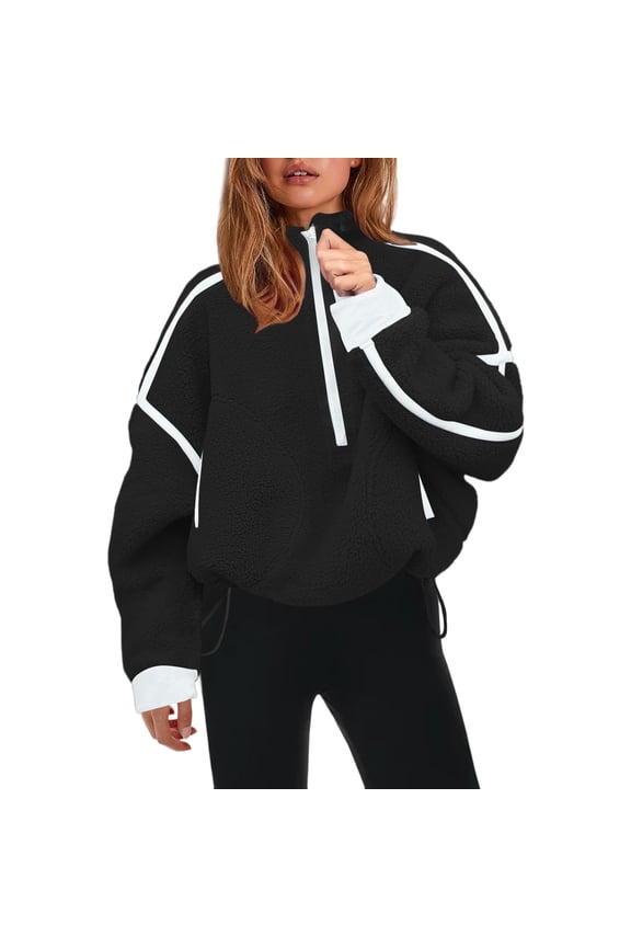 Womens Half Zip Sherpa Fleece Pullover Soft Oversized Sweatshirt with Pockets Warm Fuzzy Sweater Black L