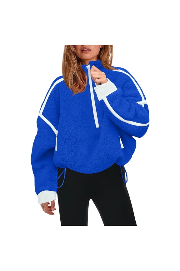 Womens Half Zip Sherpa Fleece Pullover Soft Oversized Sweatshirt with Pockets Warm Fuzzy Sweater Blue L