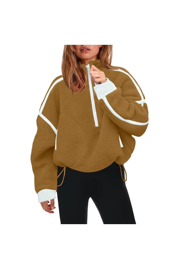 Womens Half Zip Sherpa Fleece Pullover Soft Oversized Sweatshirt with Pockets Warm Fuzzy Sweater Coffee S