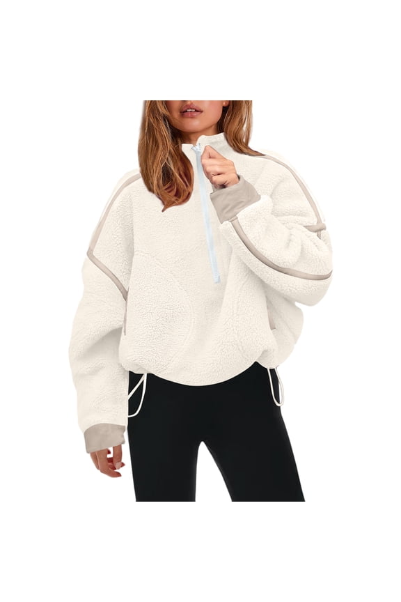 Womens Half Zip Sherpa Fleece Pullover Soft Oversized Sweatshirt with Pockets Warm Fuzzy Sweater Khaki S