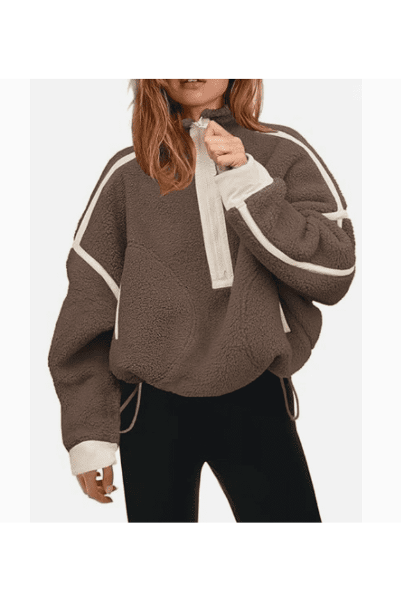 Womens Half Zip Sherpa Fleece Pullover Soft Oversized Sweatshirt with Pockets Warm Fuzzy Sweater
