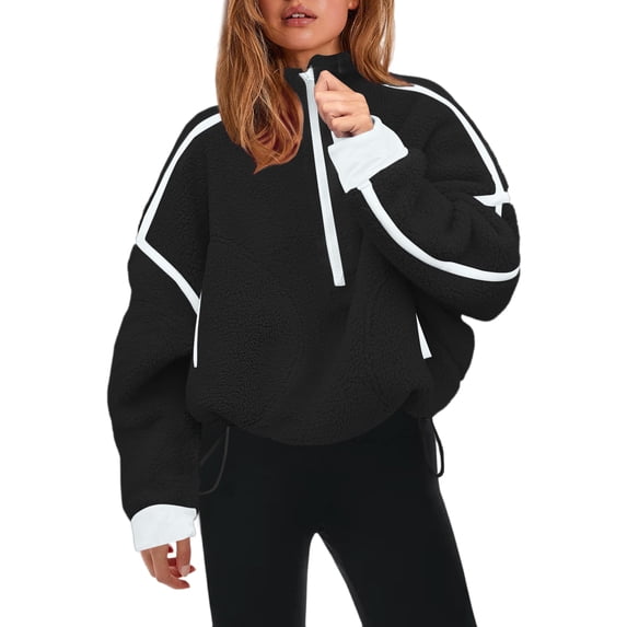 Womens Half Zip Sherpa Jacket Oversized Fleece Pullover with Hood Cozy Winter Sweatshirt Casual Wear Black M