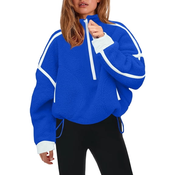 Womens Half Zip Sherpa Jacket Oversized Fleece Pullover with Hood Cozy Winter Sweatshirt Casual Wear Blue M