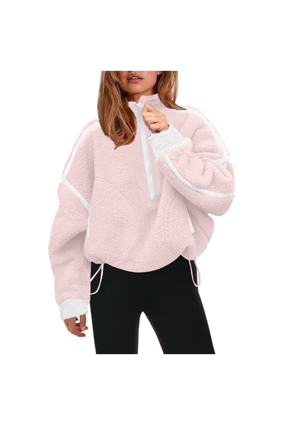Womens Half Zip Sherpa Jacket Oversized Fleece Pullover with Hood Cozy Winter Sweatshirt Casual Wear Pink S