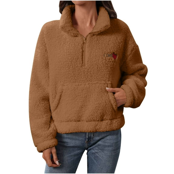 Womens Half Zip Sherpa Sweaters with Pocket Heart Printed Fuzzy Fleece Long Sleeve Crop Sweatshirt Pullover Tops (S, Brown)