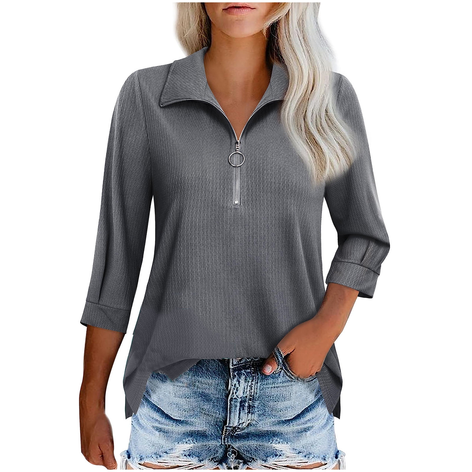 Womens Half Zip Shirts Casual 3/4 Sleeve Zipper Turndown Collar ...