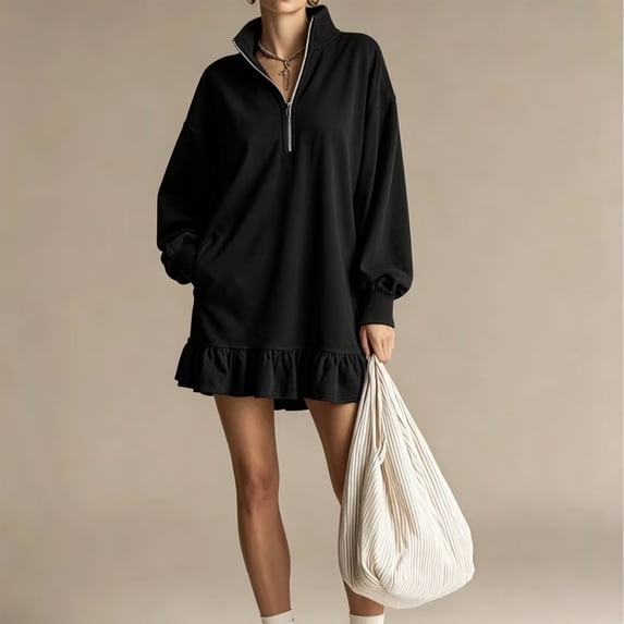 Womens Half Zip Stand Collar Ruffle Hem Mini Sweatshirt Dress, Oversized Drop Shoulder Long Sleeve Loose Casual Street Loungewear Short Dress M