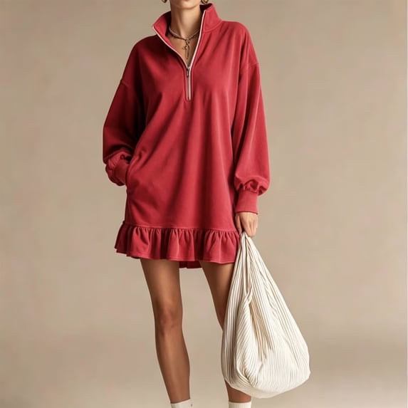 Womens Half Zip Stand Collar Ruffle Hem Mini Sweatshirt Dress, Oversized Drop Shoulder Long Sleeve Loose Casual Street Loungewear Short Dress M