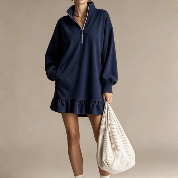 Womens Half Zip Stand Collar Ruffle Hem Mini Sweatshirt Dress, Oversized Drop Shoulder Long Sleeve Loose Casual Street Loungewear Short Dress S