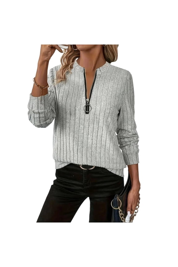 Womens Half Zip Sweaters Ribbed Knit Long Sleeve Lightweight Pullover Sweater Tops Solid Dressy Casual Blouses (L, Gray)