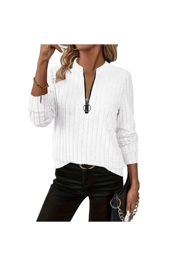 Womens Half Zip Sweaters Ribbed Knit Long Sleeve Lightweight Pullover Sweater Tops Solid Dressy Casual Blouses (L, White)