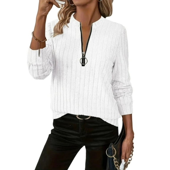 Womens Half Zip Sweaters Ribbed Knit Long Sleeve Lightweight Pullover Sweater Tops Solid Dressy Casual Blouses (S, White)