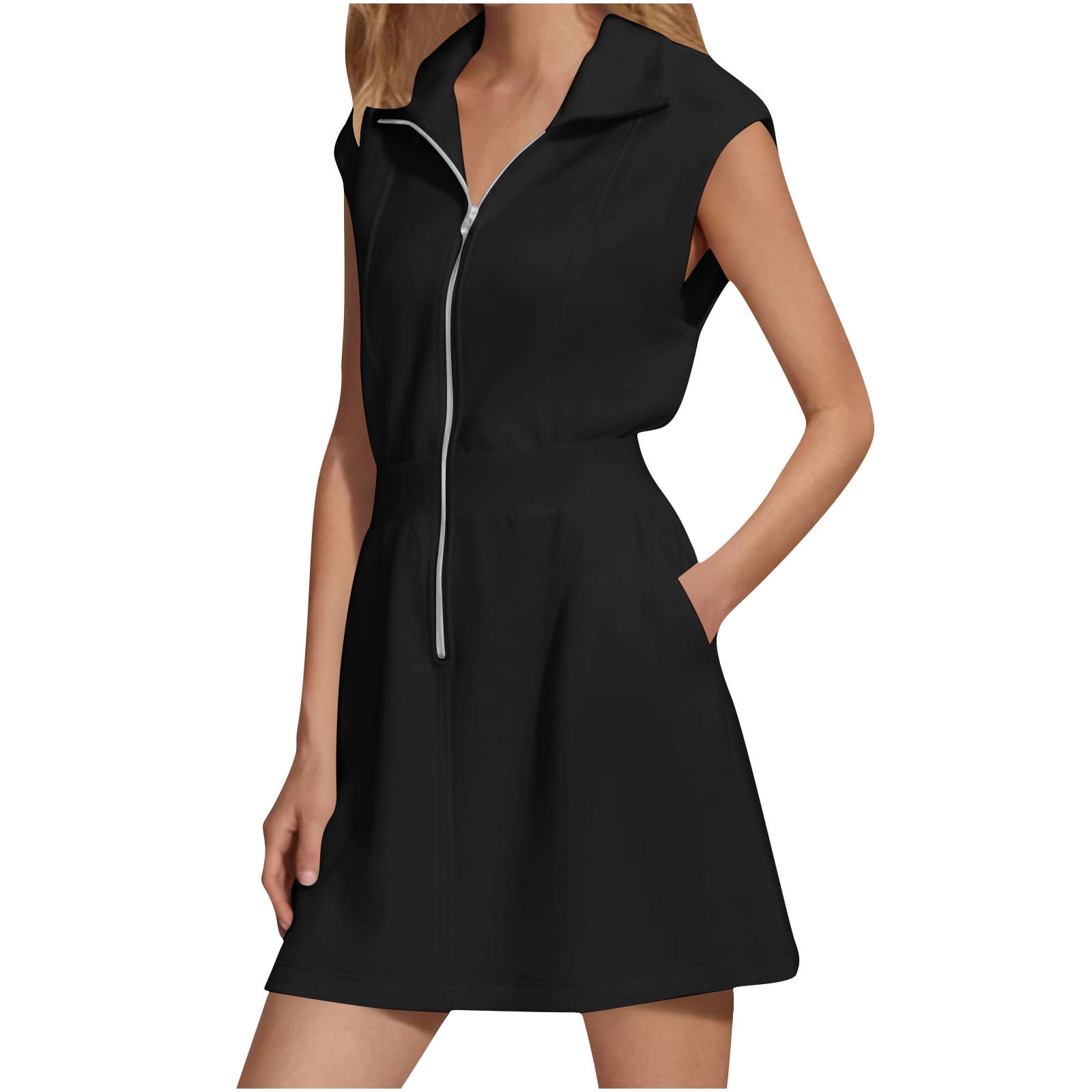 Womens Half Zip Sweatshirt Dresses Summer V Neck Sleeveless Workout Dress Casual Smocked Midi Dress Tennis Dresses