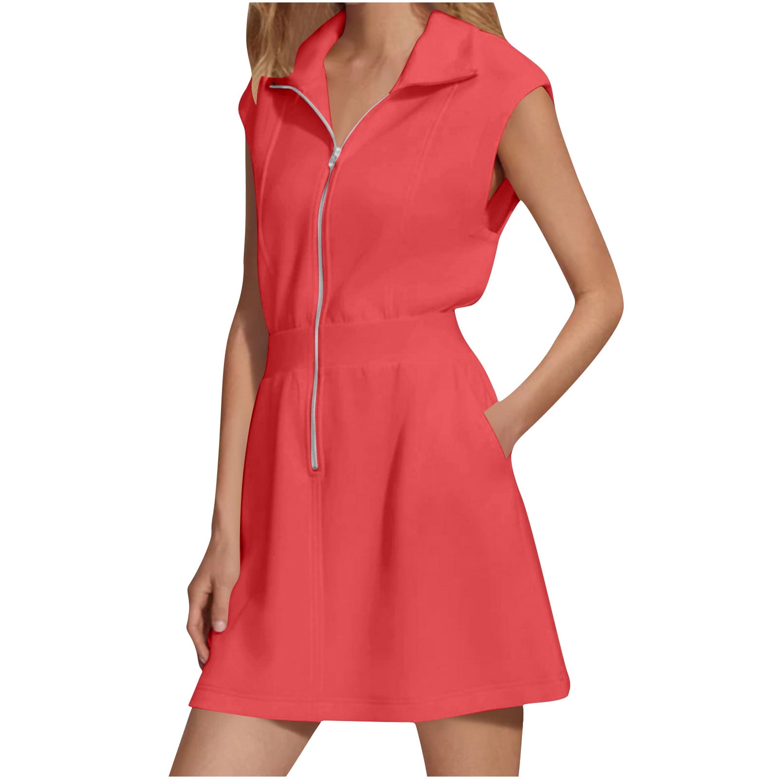 Womens Half Zip Sweatshirt Dresses Summer V Neck Sleeveless Workout Dress Casual Smocked Midi Dress Tennis Dresses