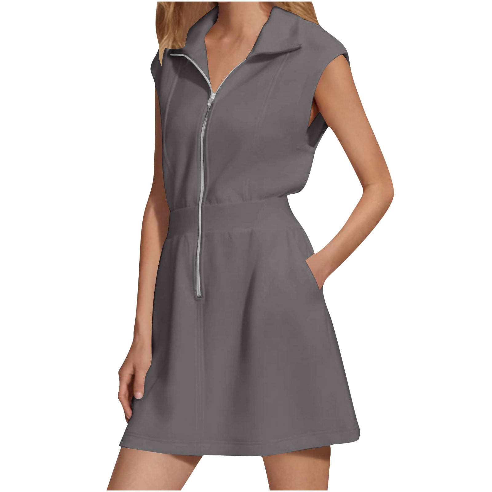 Womens Half Zip Sweatshirt Dresses Summer V Neck Sleeveless Workout Dress Casual Smocked Midi Dress Tennis Dresses