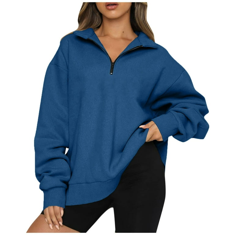Womens Half Zip Sweatshirt Oversized Long Sleeve Collar Drop Shoulder Solid 1 4 Zipper Pullover Jacket