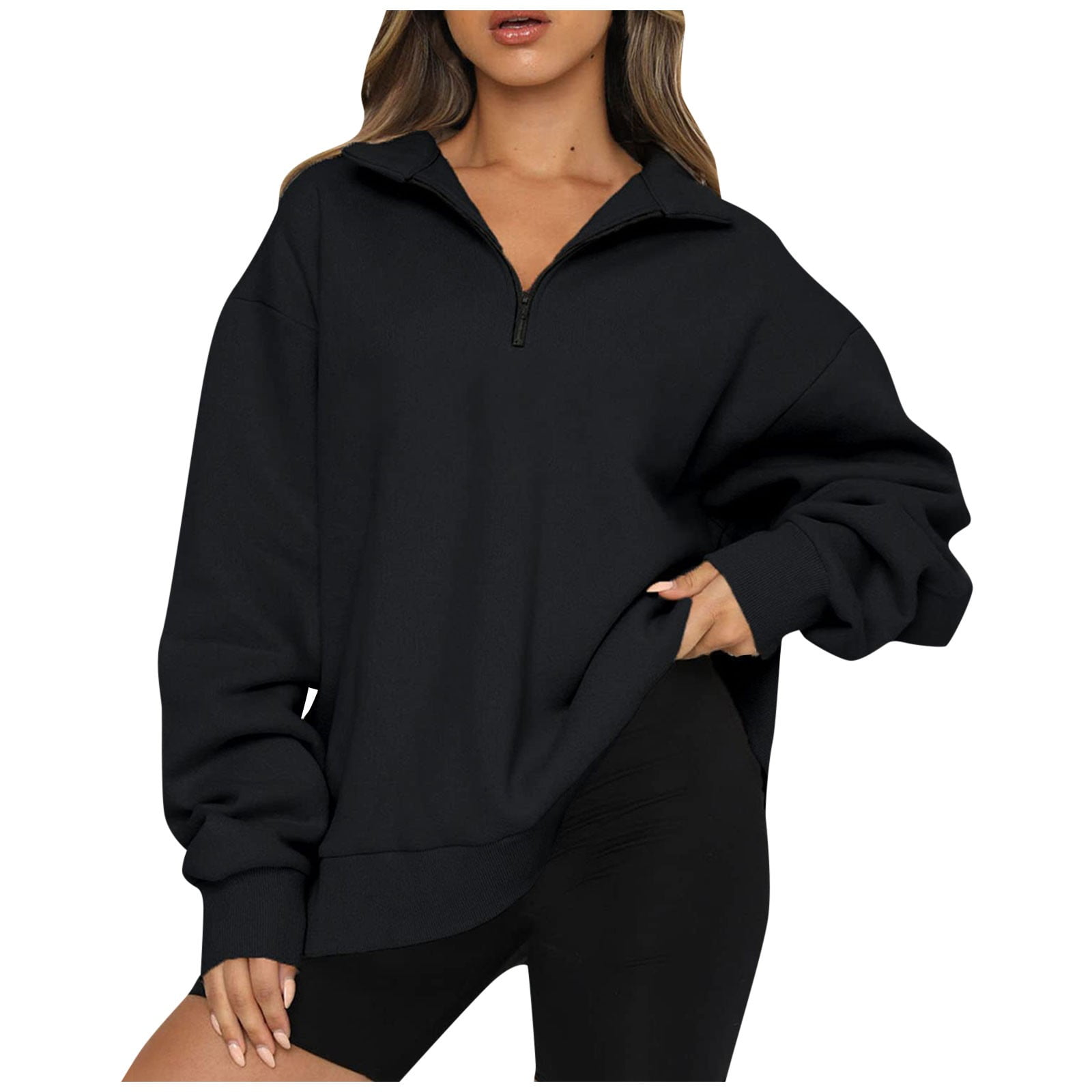 Womens Half Zip Sweatshirt Oversized Long Sleeve Collar Drop Shoulder Solid 1/4  Zipper Pullover Jacket 