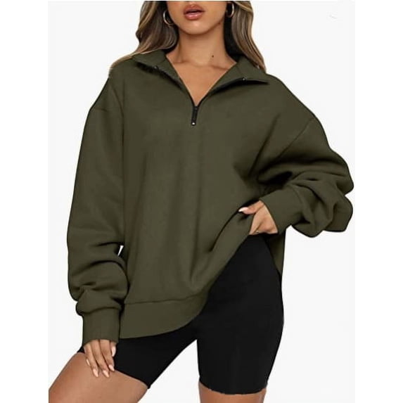 Womens Half Zip Sweatshirt Oversized Long Sleeve Collar Drop Shoulder Solid 1/4 Zipper Pullover