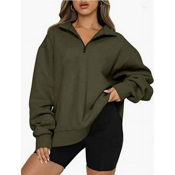 Womens Half Zip Sweatshirt Oversized Long Sleeve Collar Drop Shoulder Solid 1/4 Zipper Pullover