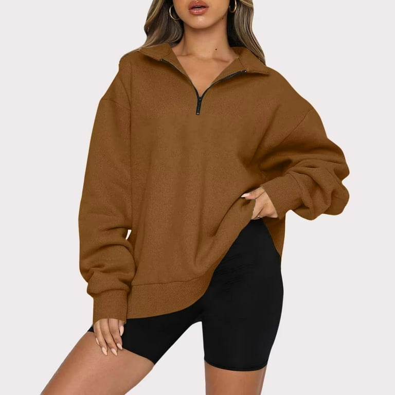 Womens Half Zip Sweatshirt Oversized Long Sleeve Collar Drop Shoulder Solid  1/4 Zipper Pullover 
