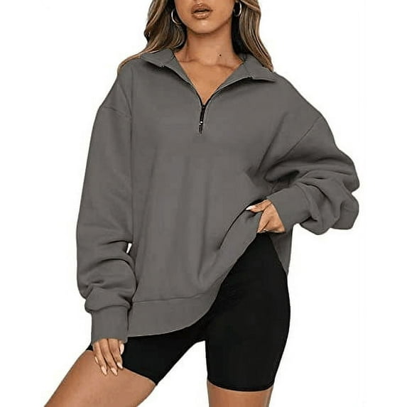 Womens Half Zip Sweatshirt Oversized Long Sleeve Collar Drop Shoulder Solid 1/4 Zipper Pullover