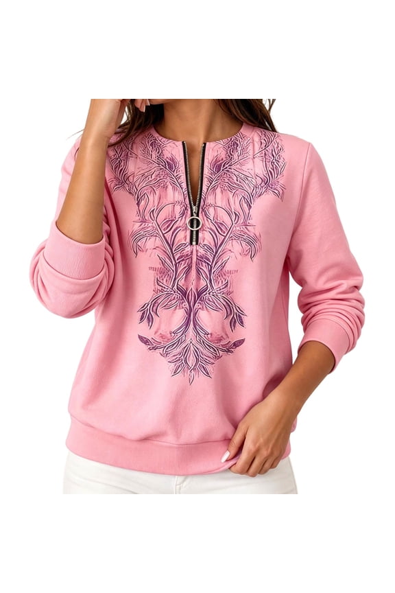 Womens Half Zip Sweatshirts Long Sleeve Crew Neck Vintage Print Tops Casual Loose Fashion Fall Winter Pullover (2XL, Pink)
