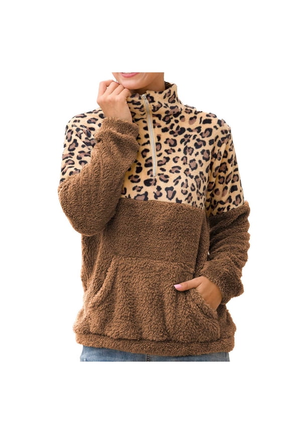 Womens Half Zip Sweatshirts Sherpa Leopard Print Patchwork Long Sleeve Sweaters Fall Winter Comfy Warm Pullover Tops