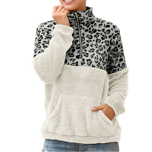 Womens Half Zip Sweatshirts Sherpa Leopard Print Patchwork Long Sleeve Sweaters Fall Winter Comfy Warm Pullover Tops