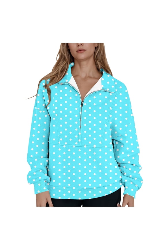 Womens Half Zip Up Sweatshirt, Long Sleeve Pullover for Women Fashion Loose Fit Dots Printed Lapel V Neck Sweatshirts Fall Clothes