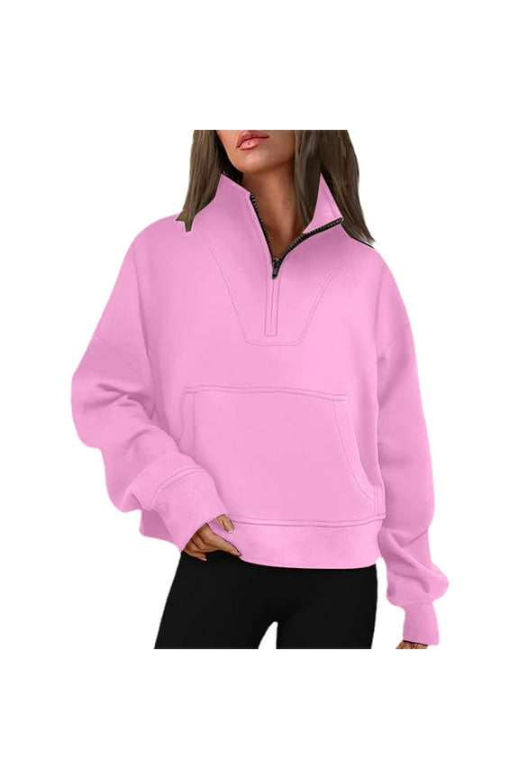 Womens Half Zipper Stand Collar Long Sleeve Pullover Sweatshirt Casual Tops Loose Pink XXL