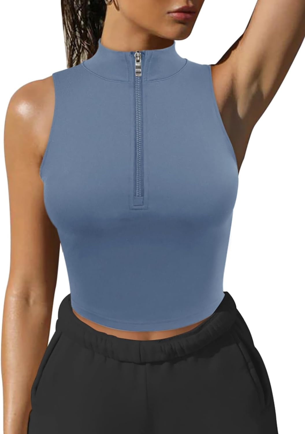 ★andar★ PK Sustainable Collar Slim Fit Sleeveless Womens Half Zipper Workout Top Racerback Yoga Short Tank
