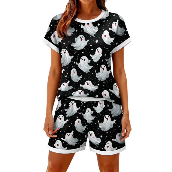 Womens Halloween 2 Piece Sets Bat Ghost Crew Neck Funny Shirts and Witch Hat Spiderweb Pleated Spooky Shorts, M