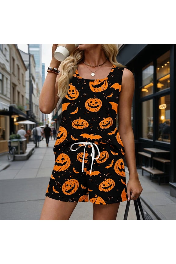 Womens Halloween 2 Piece Sets Castle Skeleton Sleeveless Funny Tank Tops Matching Candy Skull High Waist Spooky Shorts, 3XL