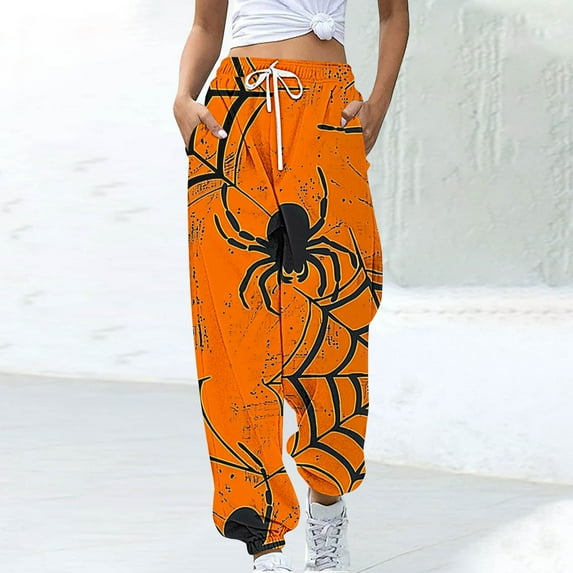 Womens Halloween 2025 Trendy Printed Sweatpants Elastic Waist Drawstring Color Block Pants Casual Streetwear Pants with Pockets,Orange 4,M