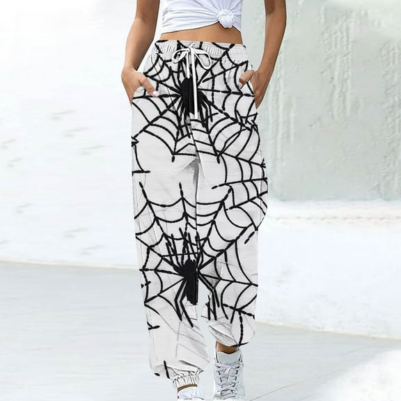 Womens Halloween 2025 Trendy Printed Sweatpants Elastic Waist Drawstring Color Block Pants Casual Streetwear Pants with Pockets,White 1,XL