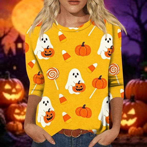 Womens Halloween 3/4 Sleeve Shirts Ladies' Halloween Top Halloween Shirts for Women Halloween Clothing Cute Halloween Ghost Shirt Halloween Tee Fall Shirts Plus Size Tops Crew Neck T Shirts