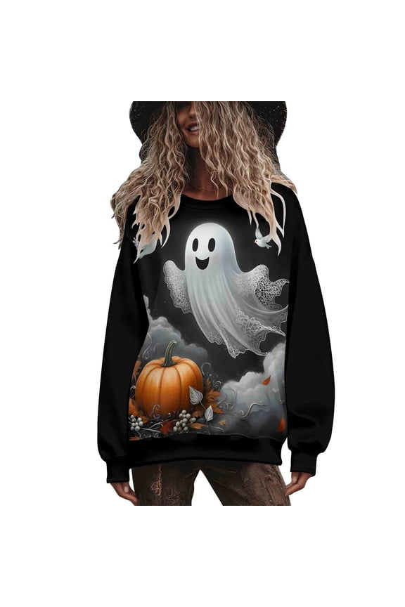 Womens Halloween Apparel Spooky Season Sweatshirt 2025 Funny Graphic Crewneck Pullover Tops Cute Ghost Sweatshirts